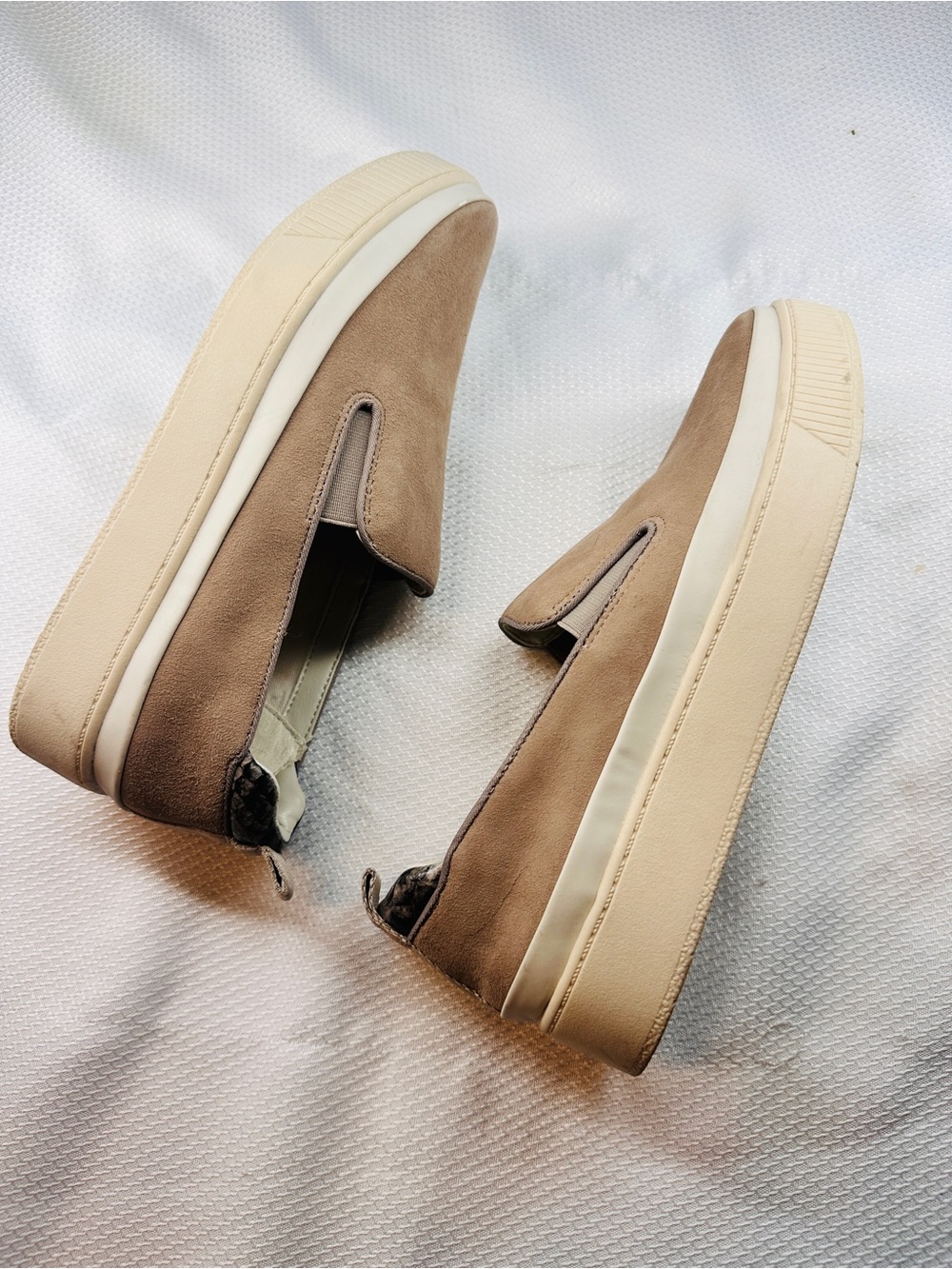 Franco Sarto Neutral Taupe Slip-On Sneakers with Snakeskin Heel Tab